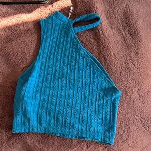 Zara Teal Ribbed Asymmetric Crop Top